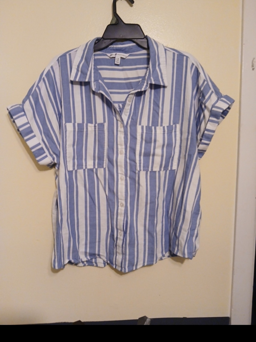 Seven7 Blue and White Striped Short-Sleeve Button-Up Blouse